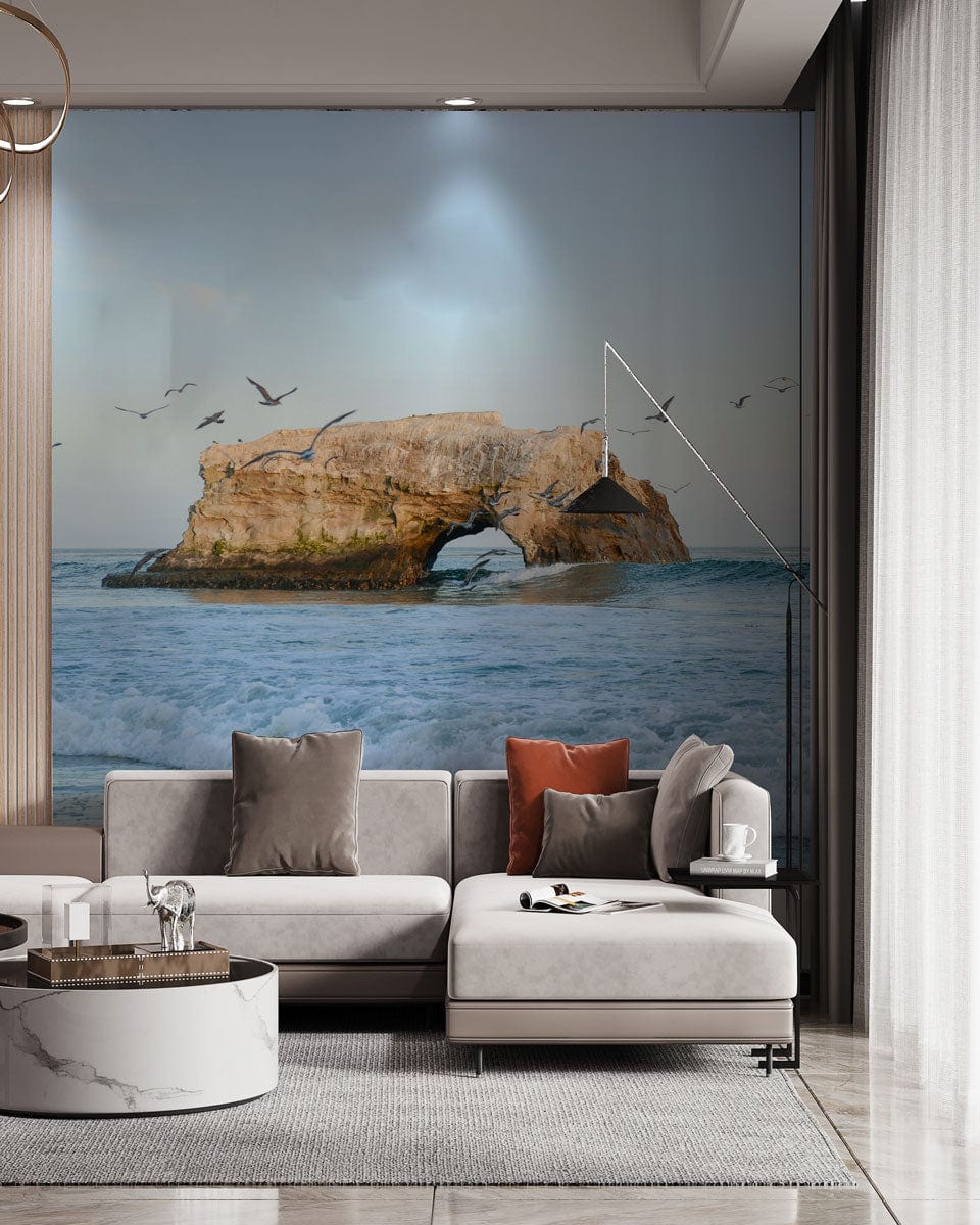ocean landscape wallpaper mural living room interior design