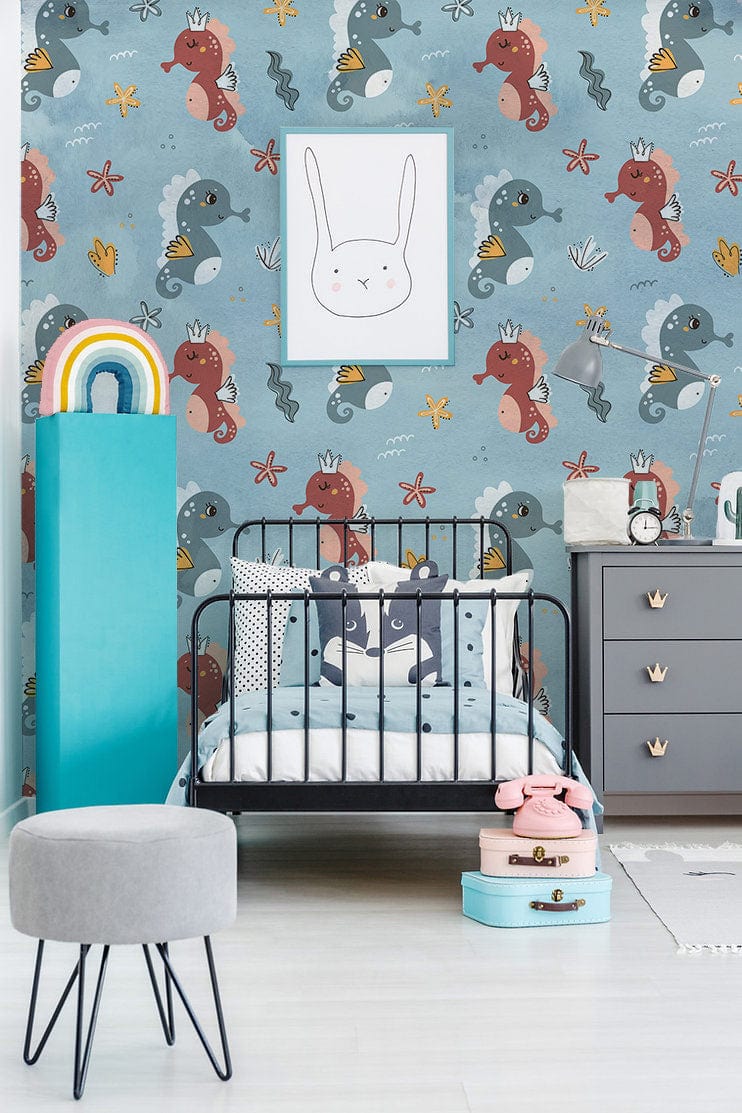 cartoon baby seahorses wallpaper mural for nursery room