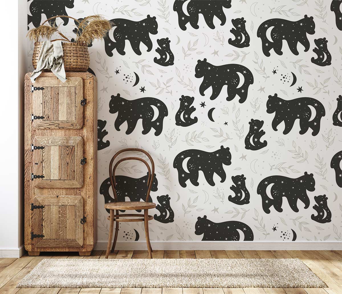 Animal wall mural with moon, stars, and leaves in cartoon style
