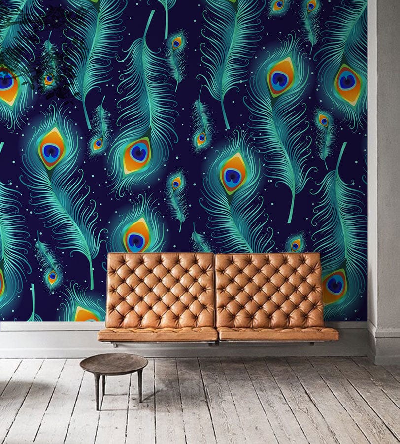 Wallpaper mural featuring a dazzling peacock feather design, perfect for use in the hallway.