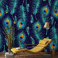 Wallpaper mural featuring shimmering peacock feathers, perfect for use as a decoration in the hallway