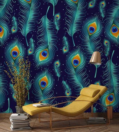 Wallpaper mural featuring shimmering peacock feathers, perfect for use as a decoration in the hallway