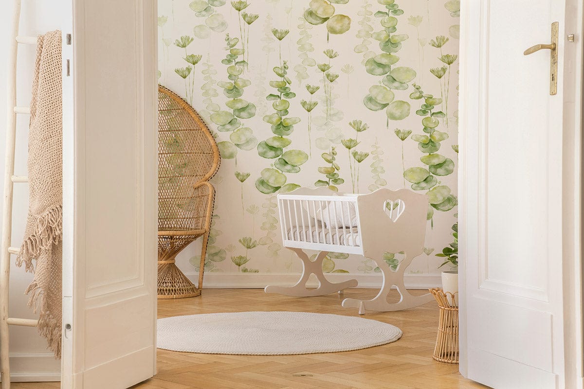 Living Room Wallpaper Mural Featuring a Watercolor Duckweed Leaf Design