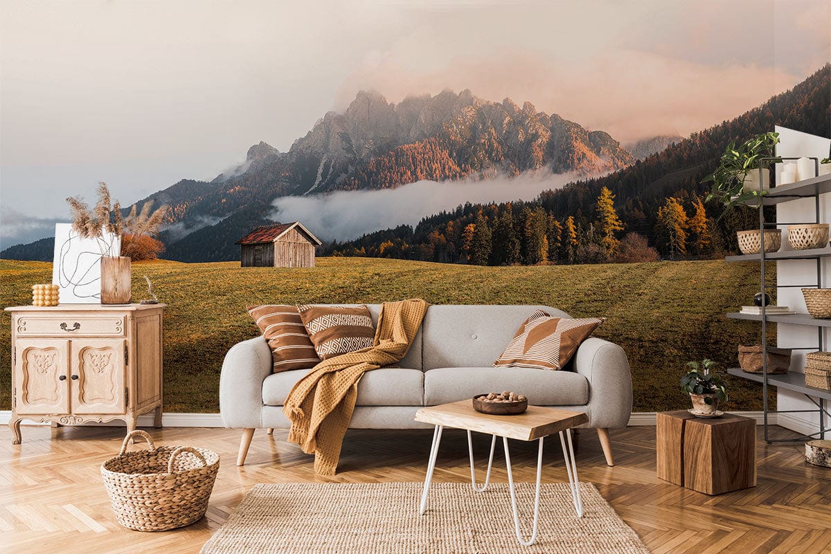 Living Room Wallpaper Mural Featuring a Wooden Cabin Atop a Mountain