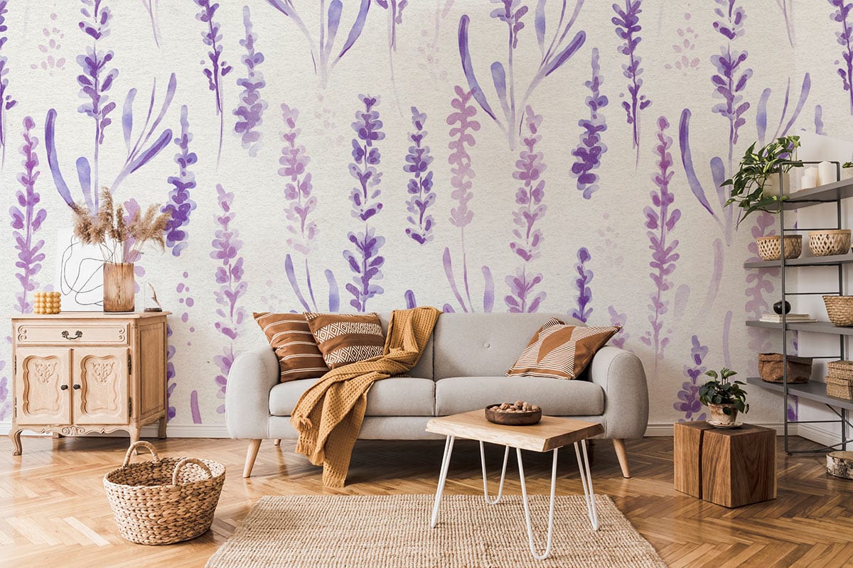 Living Room Wallpaper Mural Featuring Watercolor Lavender Design