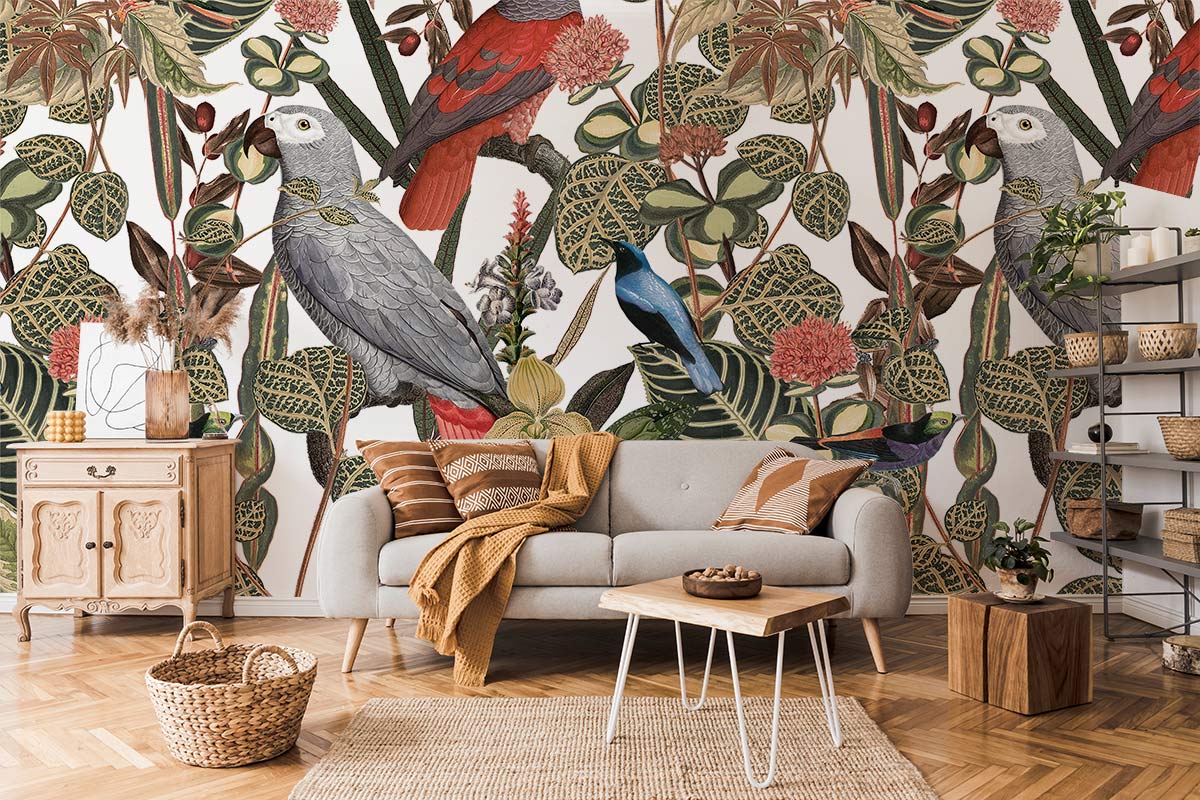 Living Room Animal Wallpaper Mural Featuring a Jungle Bird Perched on Branches