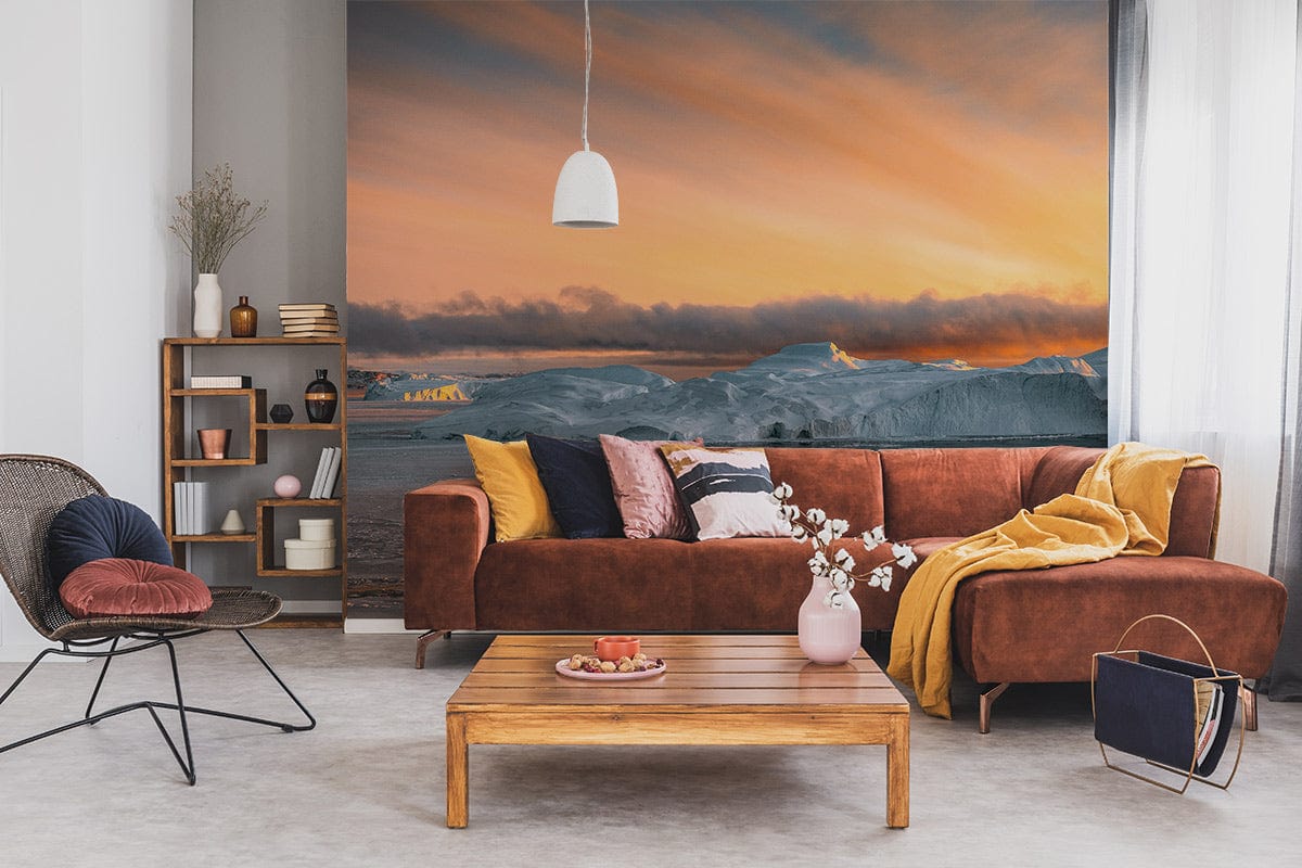 living room wall mural of an iceberg in the setting sun