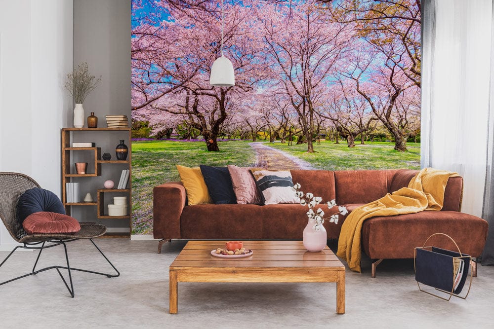 a path full of fallen sakura in the garden floral mural for living room