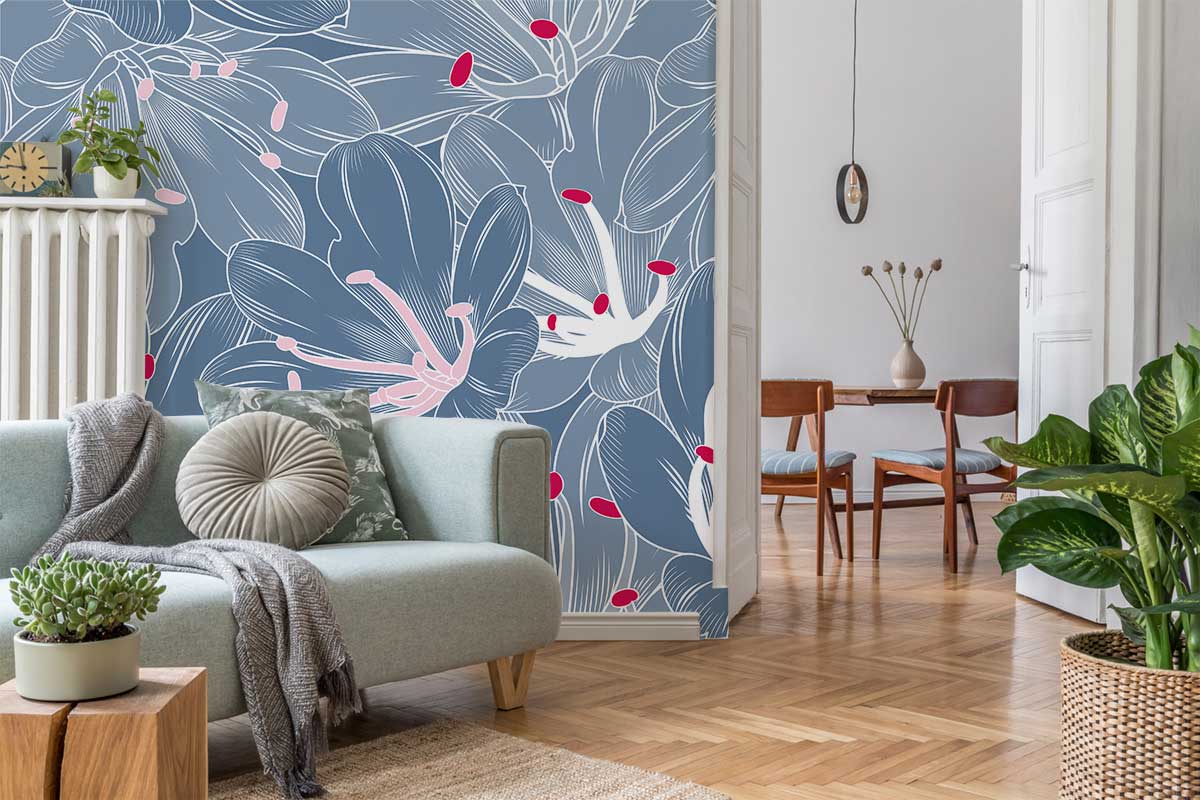 Large Blue Flowers Custom Wallpaper Design