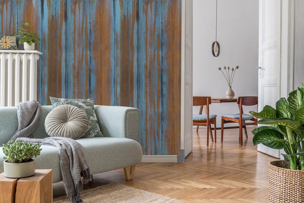 decorative wall murals depicting the look of aging painted wood in the living room