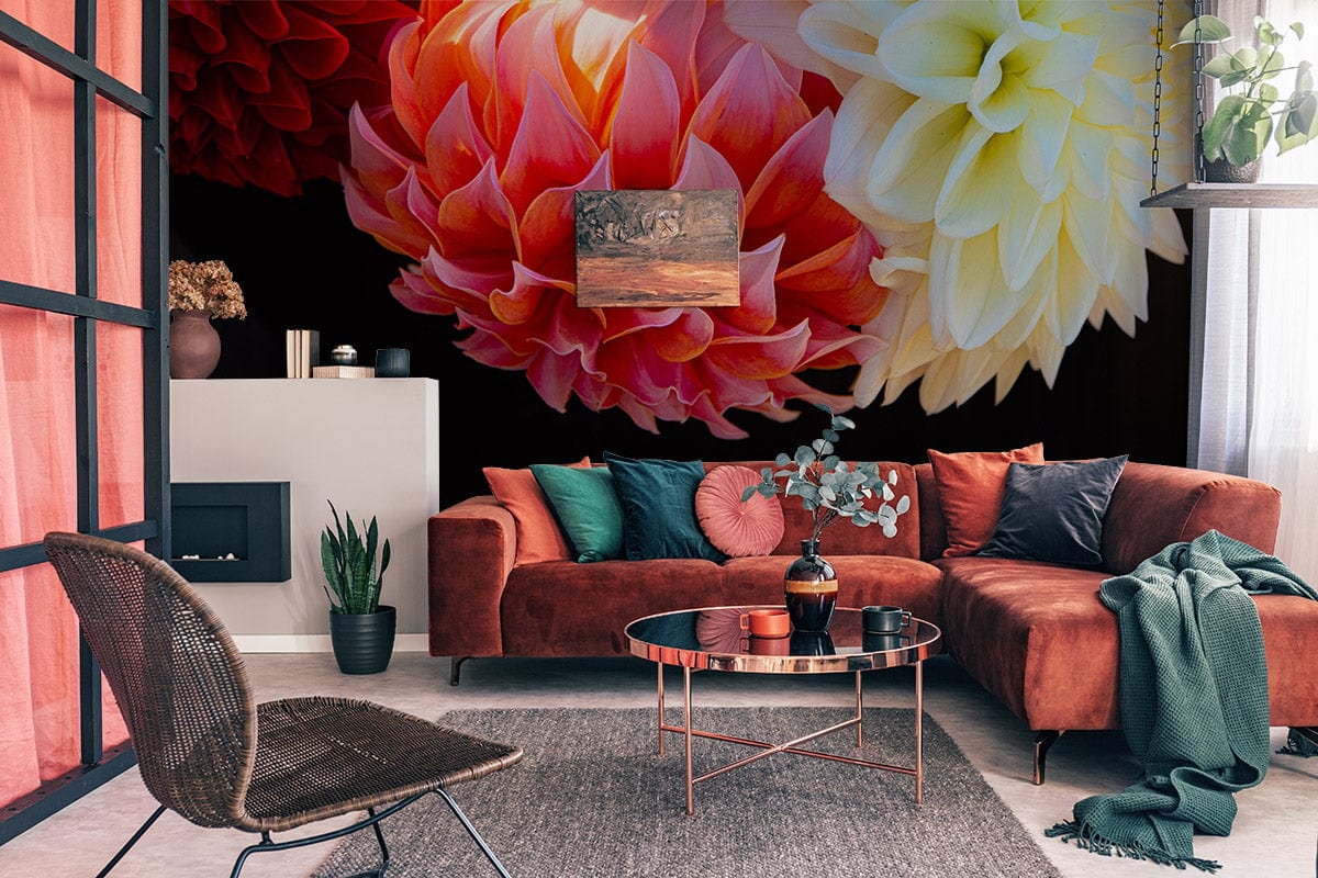 Flower Wallpaper Mural Featuring Dahlias in the Living Room