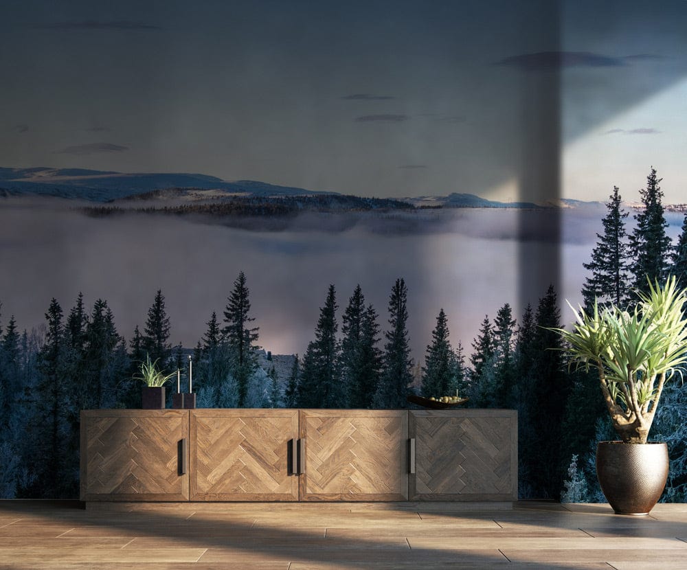morning view of forest on the top of hill and cloud scenic wallpaper art design