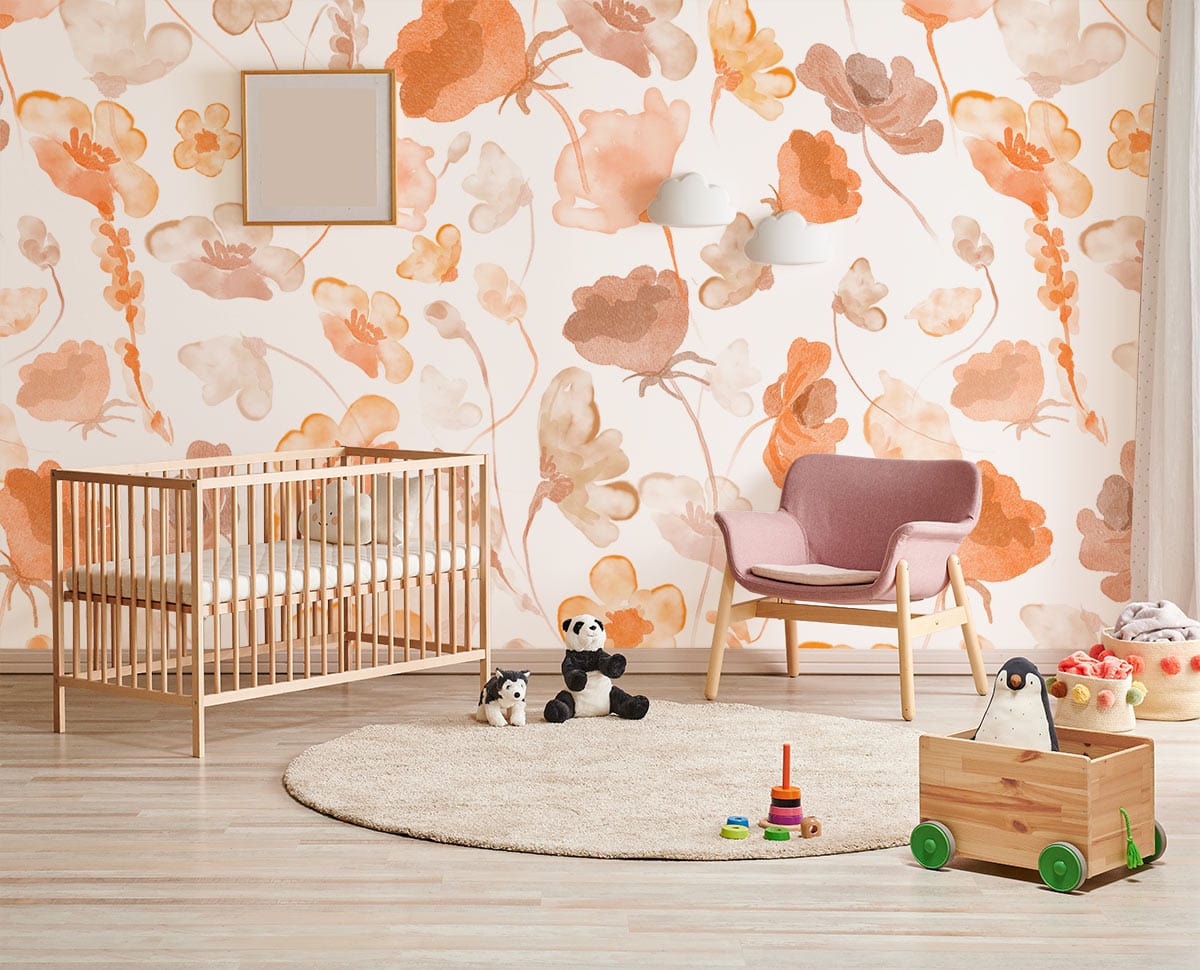 Living Room Mural Wallpaper in Orange with Watercolor Floral Design