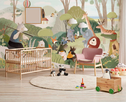 Colorful Whimsical Animal Mural Wallpaper in nursery