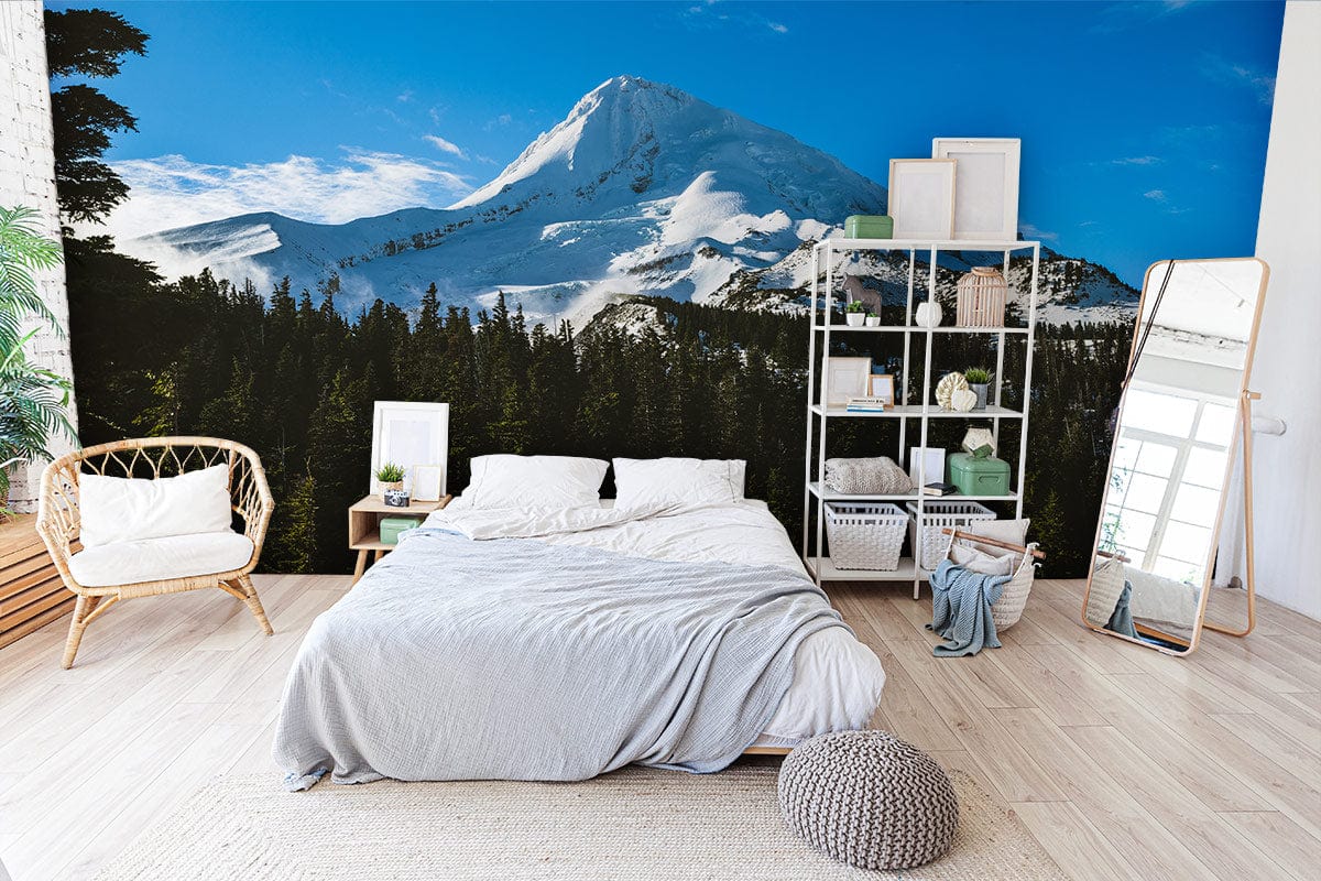 Bedroom Wallpaper Mural Featuring a Snowy Forest and Mountains