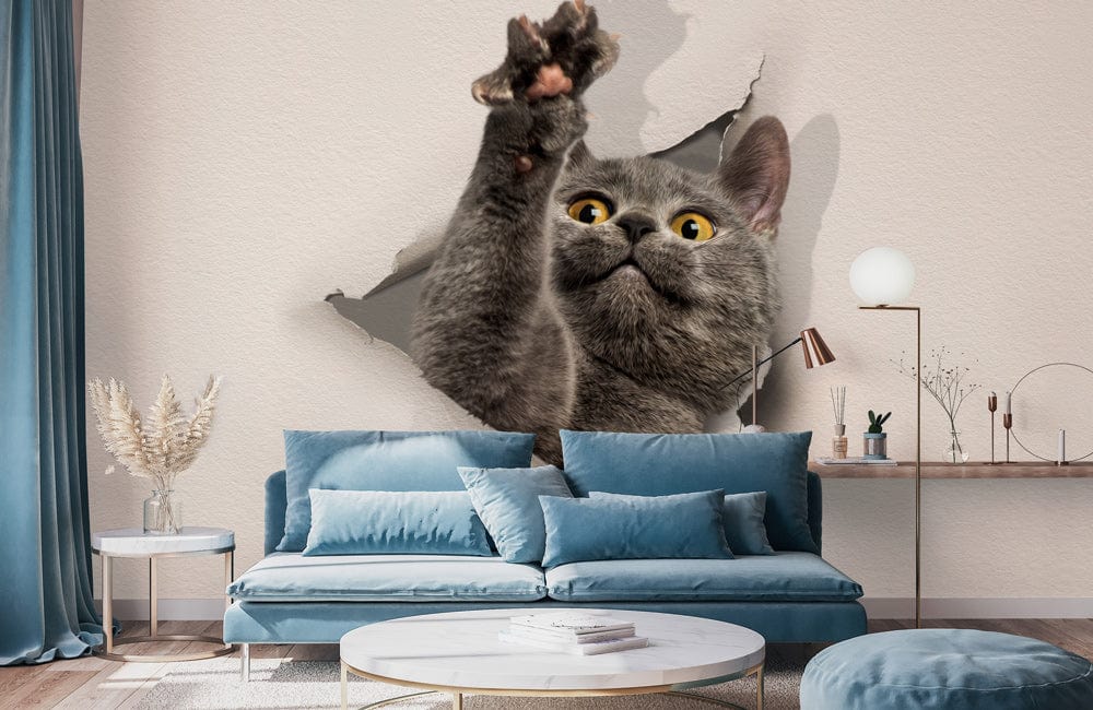 living room blue kitten wall murals made from torn sheets of paper