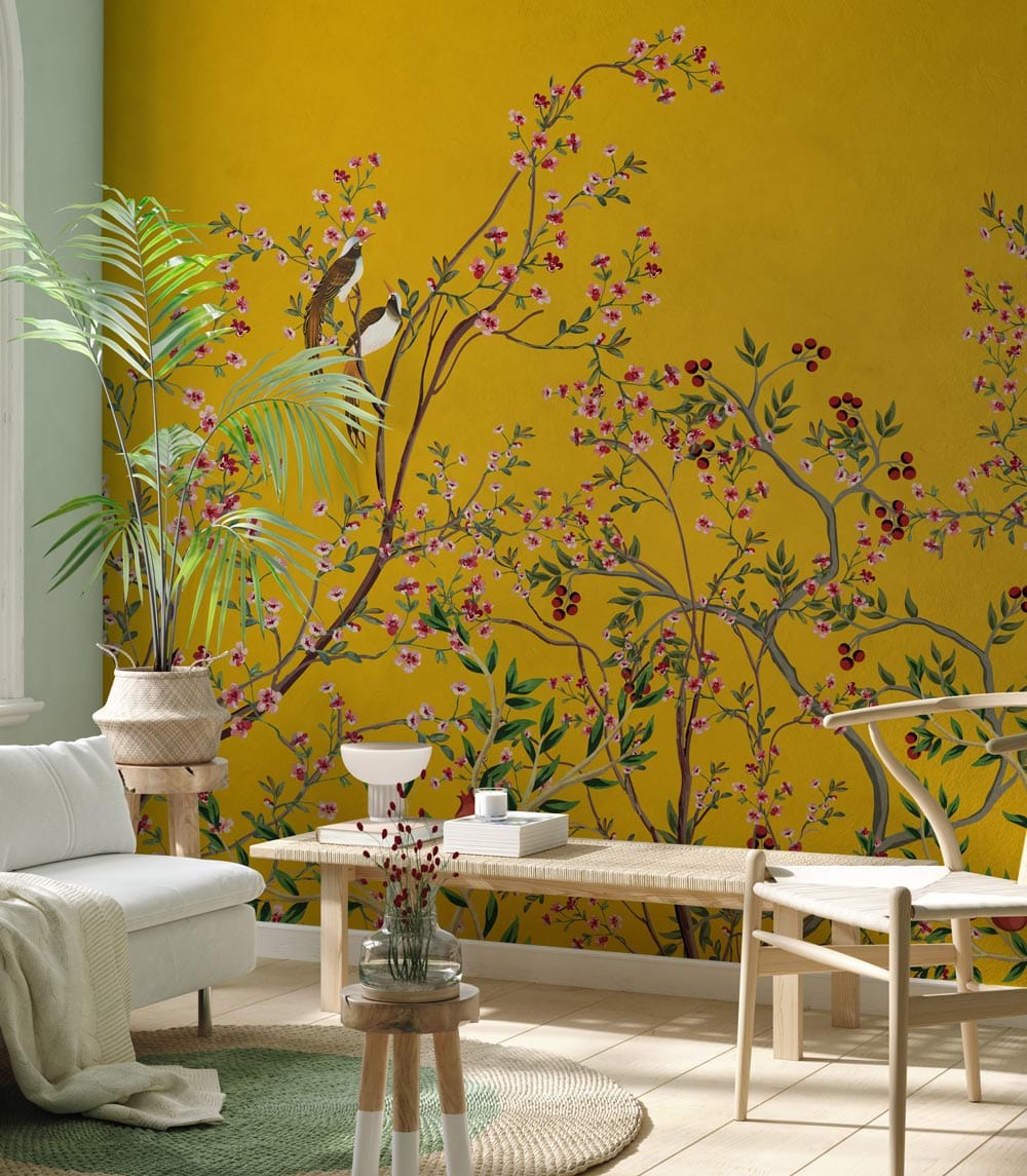 living room wallpaper mural with pomegranate tree and two birds standing on it