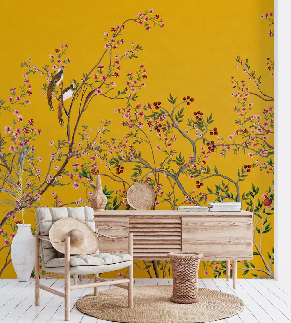 Hallway wall paintings with a golden backdrop and trees and birds