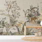 wall murals depicting a tiger and cranes wandering through a jungle in neutral colors