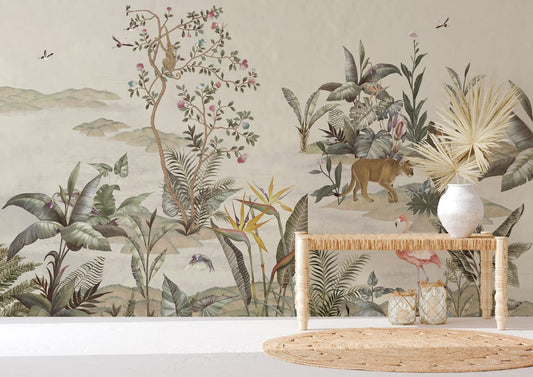 wall murals depicting a tiger and cranes wandering through a jungle in neutral colors