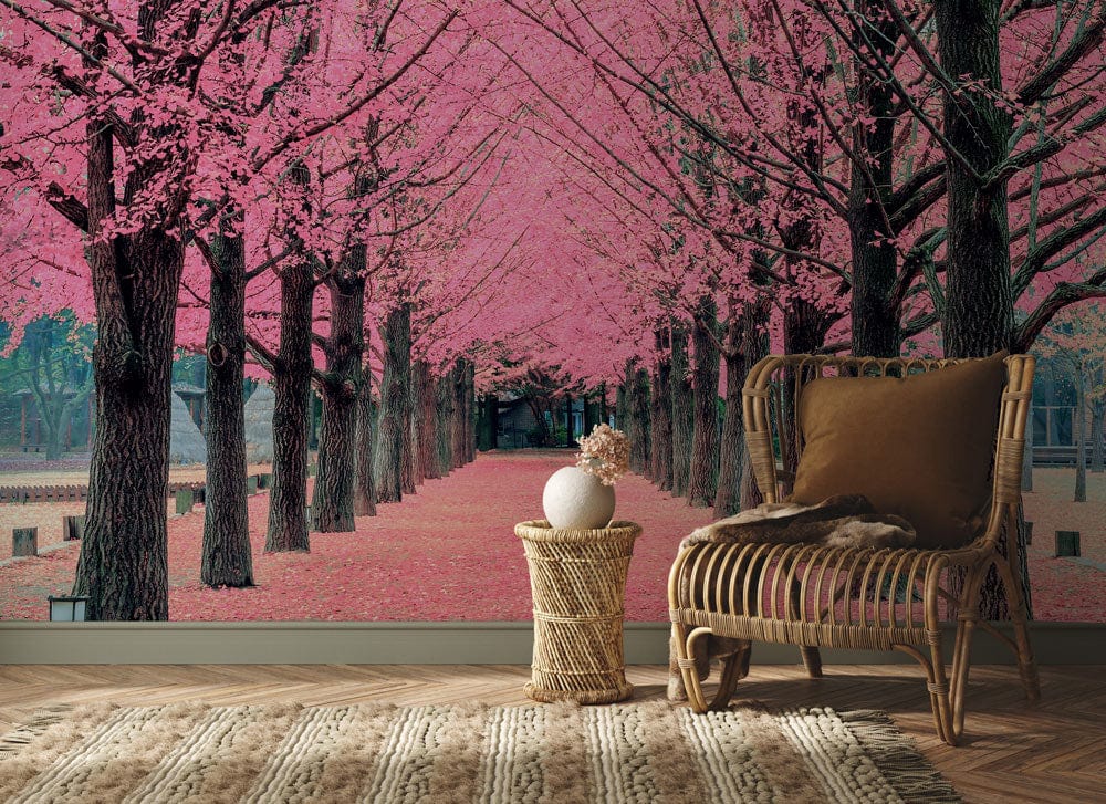 bright pink sakura trees colour the road in pink mural decoration