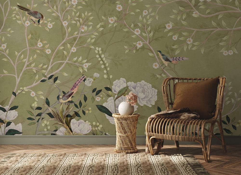 a neutral-colored bird and bloom wall painting created especially for a corridor