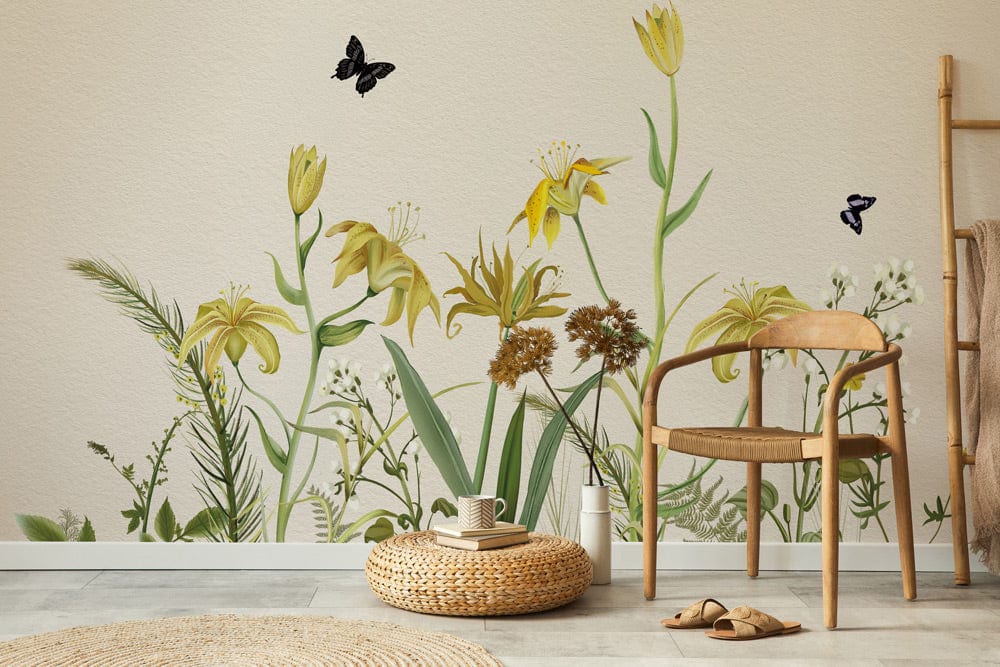 Hallway wallpaper with a pattern inspired by yellow flowering shrubs.