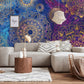 Intricate golden pattern on blue and purple background: bespoke wallpaper mural for living room