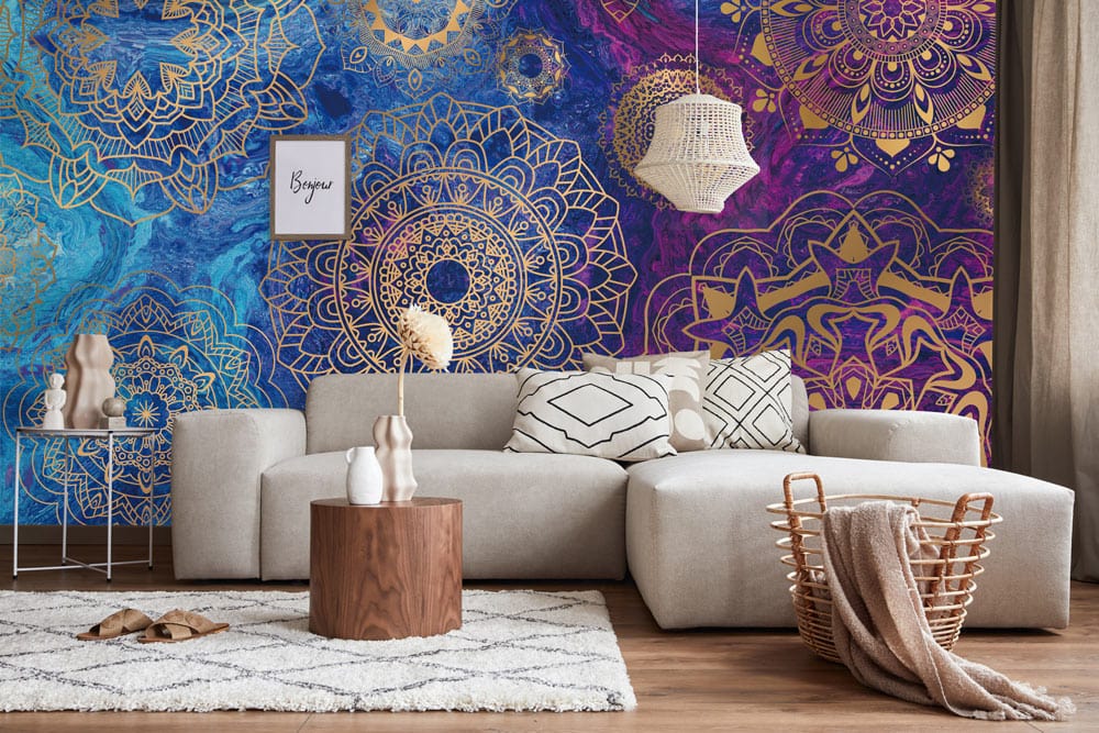 Intricate golden pattern on blue and purple background: bespoke wallpaper mural for living room