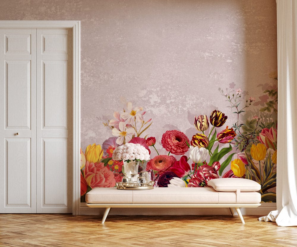wall murals for the hallway with a light pink backdrop and brightly colored flowers