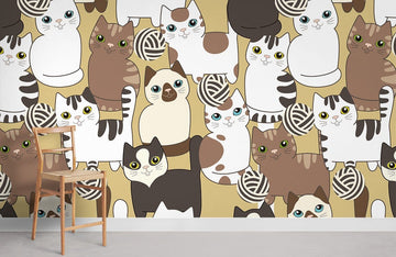 Cute Whimsical Cat Pattern Mural Wallpaper