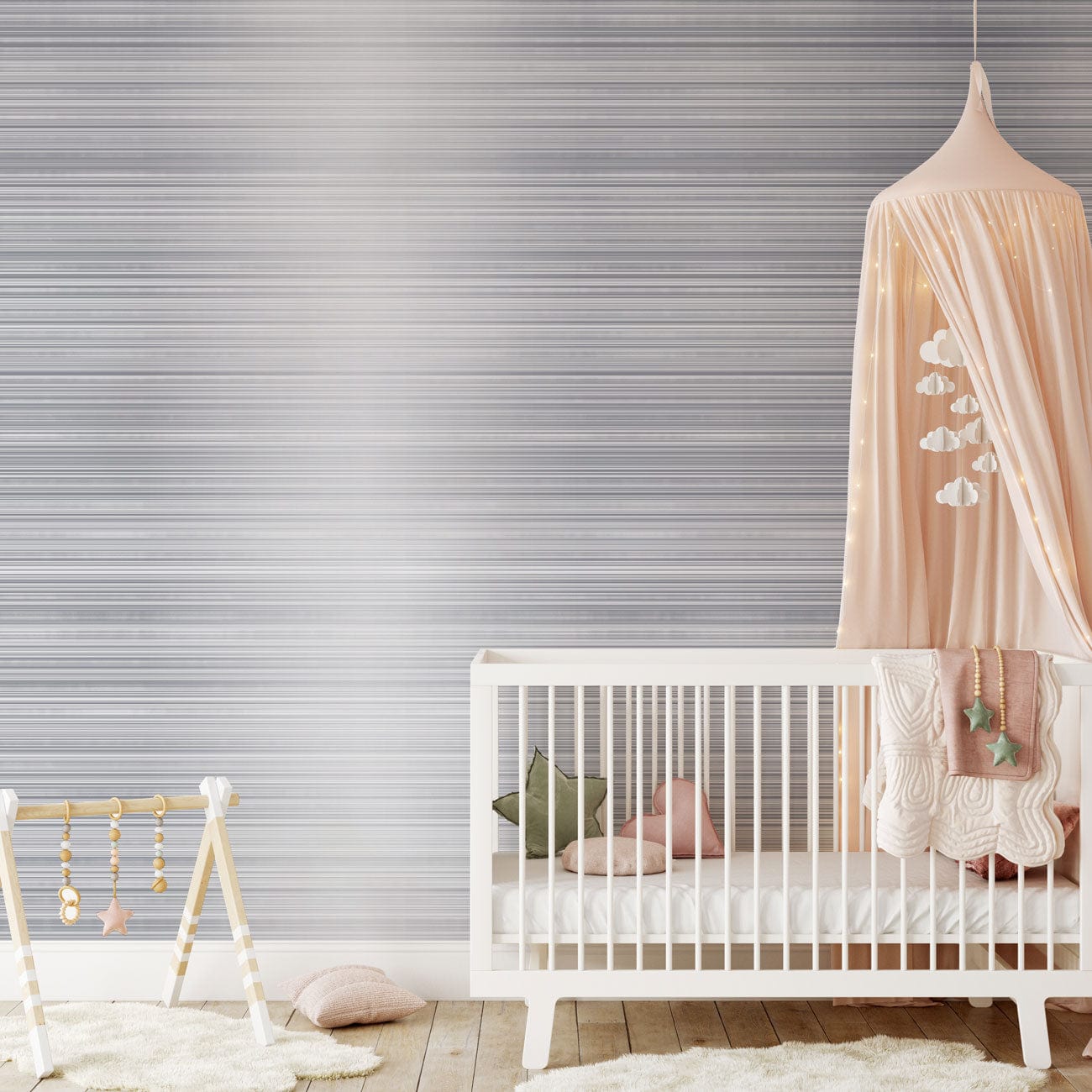 Wallpaper mural with brushed silver metals design for use in nurseries.