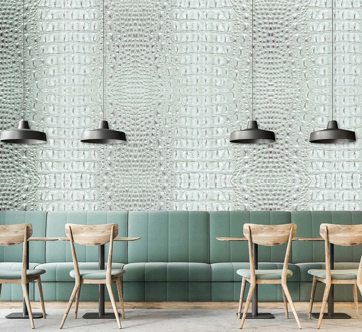 Animal wallpaper mural with silver snake skin, ideal for use in restaurants.