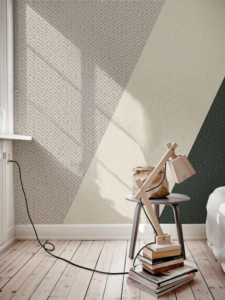 Wallpaper mural with a green textured block pattern for use in decorating a bedroom