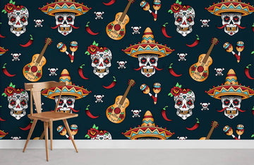Vibrant Mexican Skulls Music Mural Wallpaper