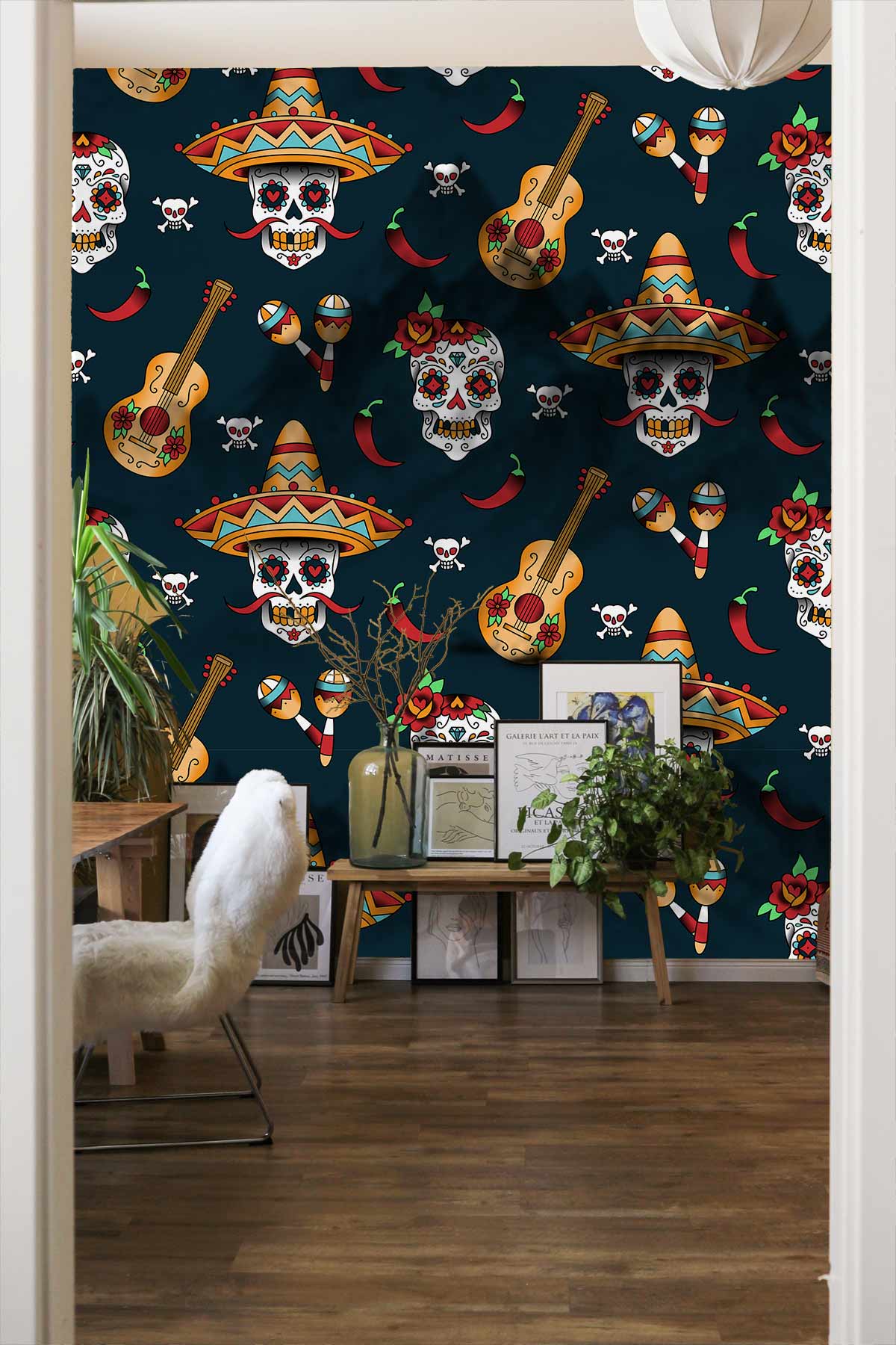 Skeleton & Guitar Pattern Wallpaper for Room Interior