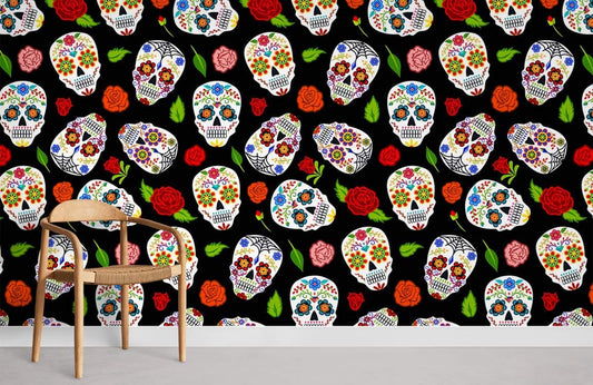 Skull & Rose Pattern Cool Wallpaper Home Decor