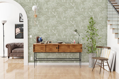 Elegant Grey Botanical Garden Mural Wallpaper in living room