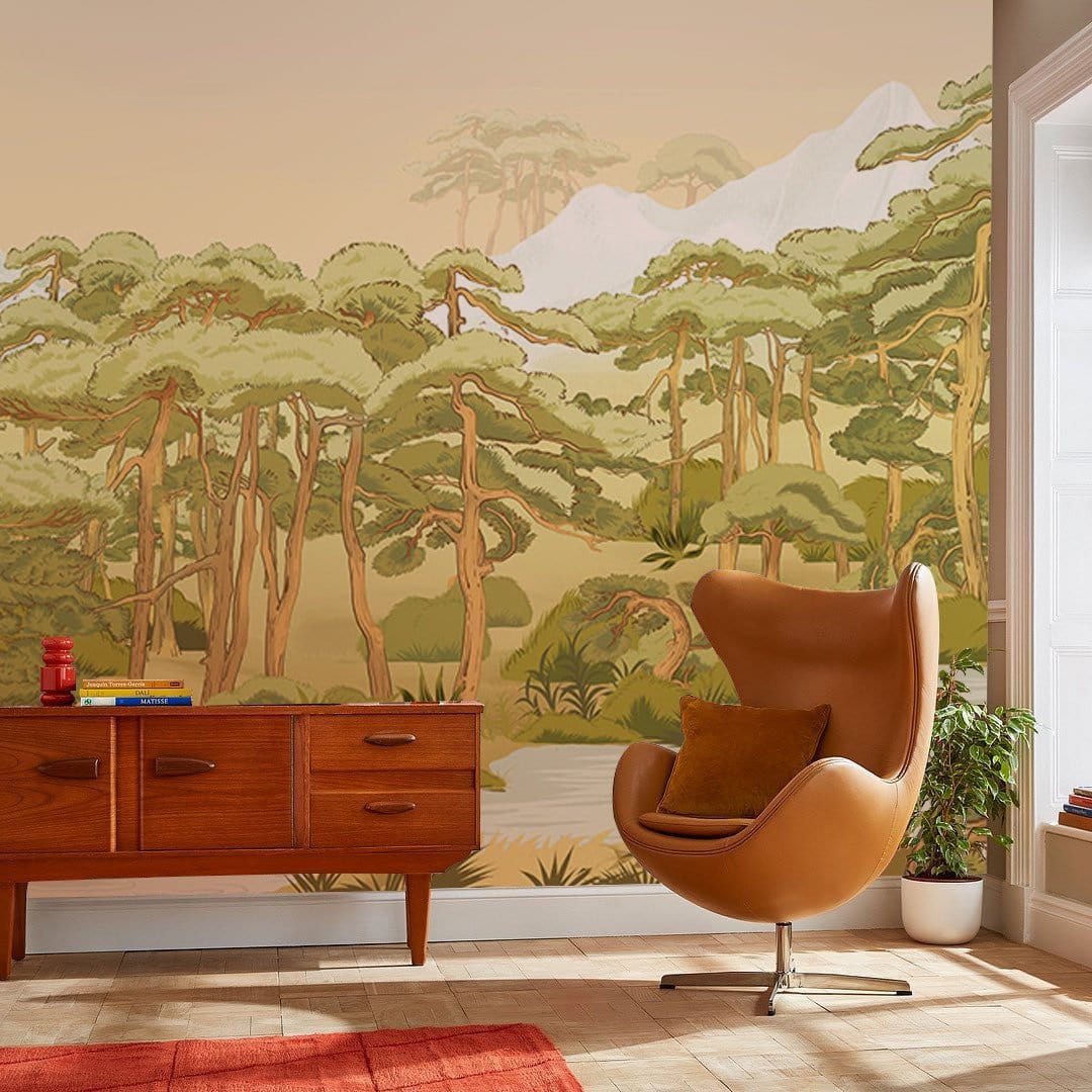 Sketch Jungle Landscape Yellow Wallpaper Mural Room