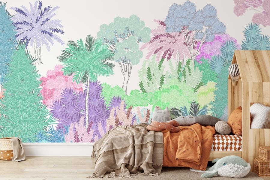 Wallpaper mural with a sketch of trees for use in decorating the living room