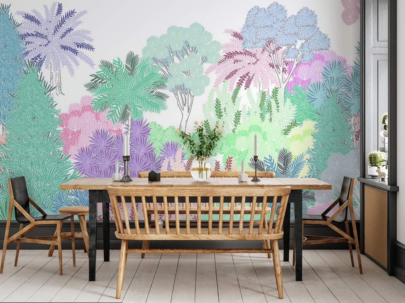 Wallpaper mural with a sketch of trees for the dining room's decor.