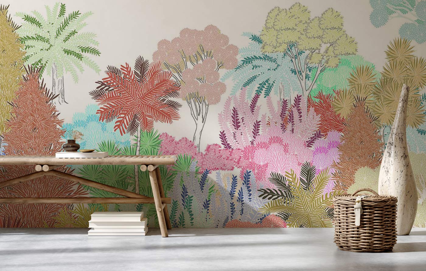 Mural wallpaper design with a sketch of trees, perfect for the foyer's decor