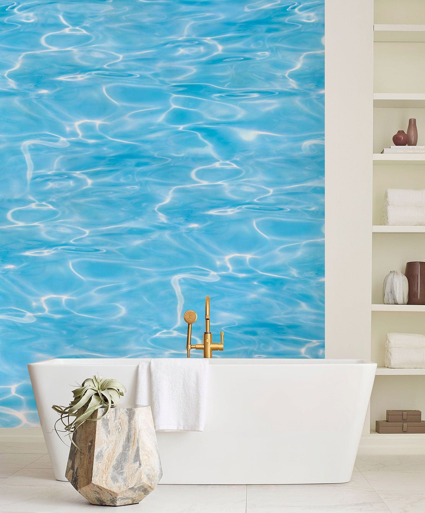 Wallpaper mural with sky blue waves for use as bathroom decor.