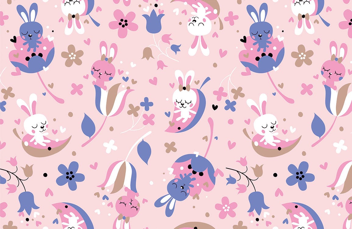 Cute Pink Bunny Floral Mural Wallpaper