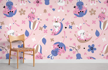 Cute Pink Bunny Floral Mural Wallpaper