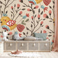 Wallpaper mural for home decoration with sleeping birds surrounded by flower vines.