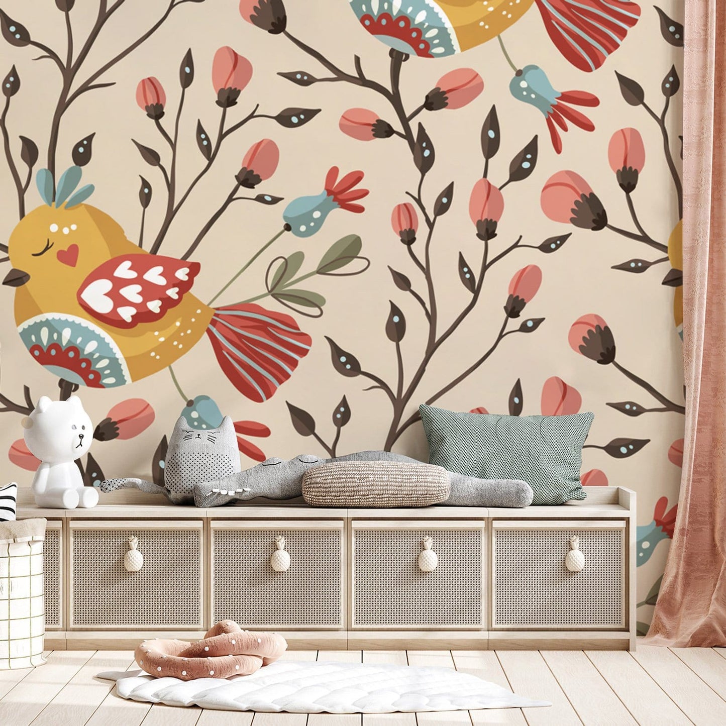 Wallpaper mural for home decoration with sleeping birds surrounded by flower vines.