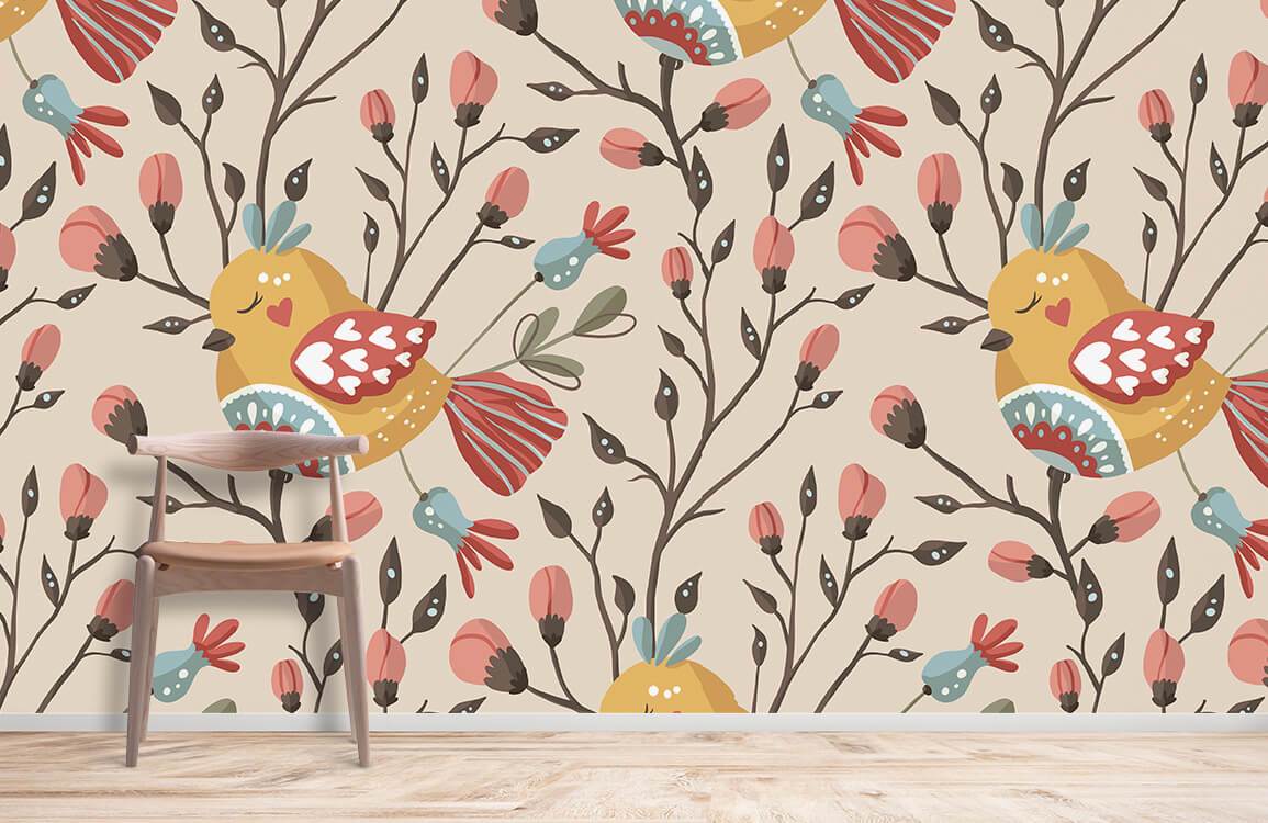 Wallpaper mural for home decoration with dozing birds surrounded by flower vines.