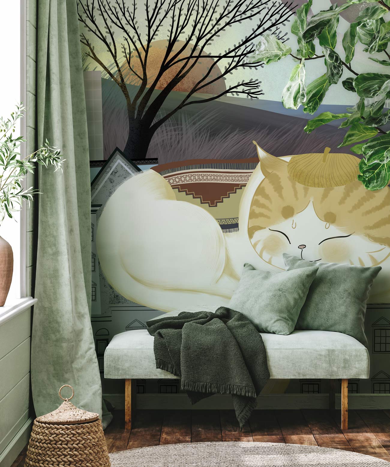 Large Wallpaper Mural of a Snuggling Cat for the Hallway Decor Featuring an Animal
