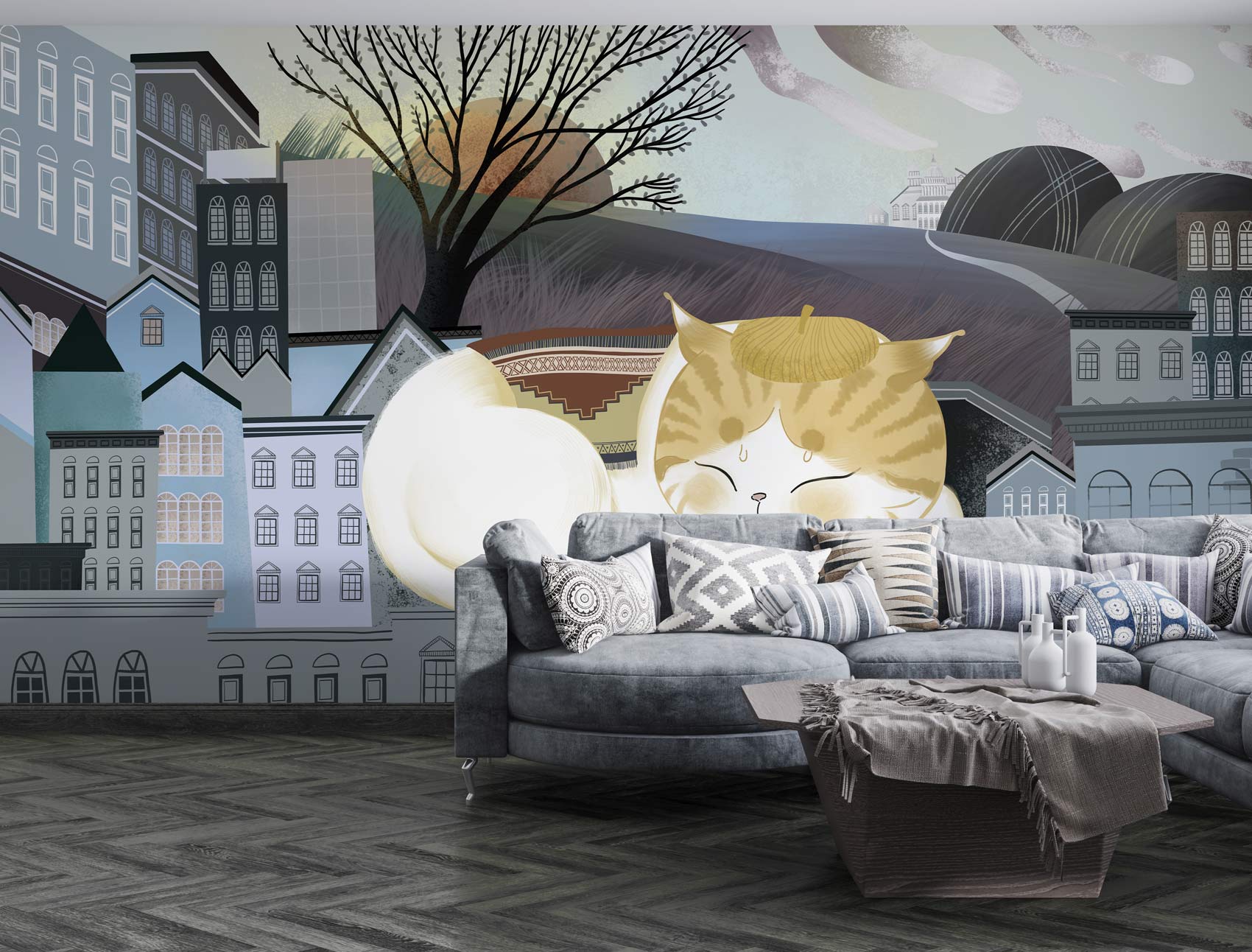 Huge Animal Wallpaper Mural of a Sleeping Cat, Perfect for Decorating Your Living Room